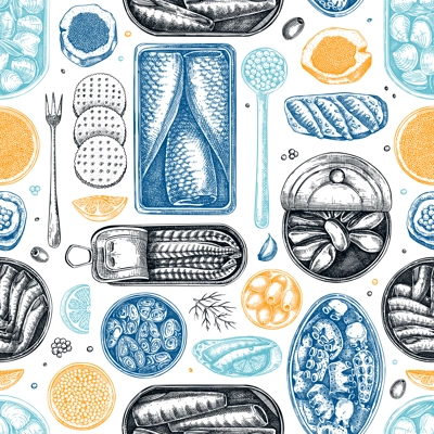 Hand-drawn tinned fish seamless pattern. Seafood background in color. Sardines, anchovy, mackerel, tuna, mussels in tin cans, fish canapes, olives, crackers sketches. For packaging, print, textile